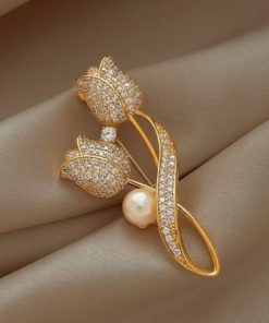 Vintage Camellia Pin for Women Gold Plating Rhinestone Brooch 06