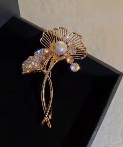 Vintage Camellia Pin for Women Gold Plating Rhinestone Brooch 05